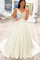 A-Line V-Neck Prom Evening Dresses, Lace Appliques Ivory Wedding Dresses